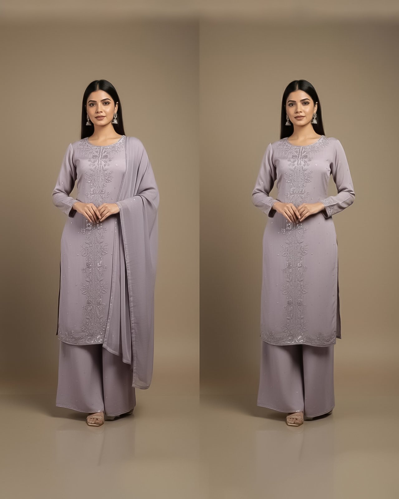 LA00181-Partywear Three piece set-Fabric-Chinone-Hand worked-Color-Lilac-Size-(L XL XXL XXXL)
