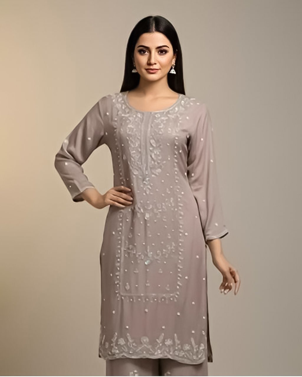 LA00182-Three piece set Partywear-Fabric-Chinone-Hand work-Color-Champagne-Size-(L XL XXL XXXL)