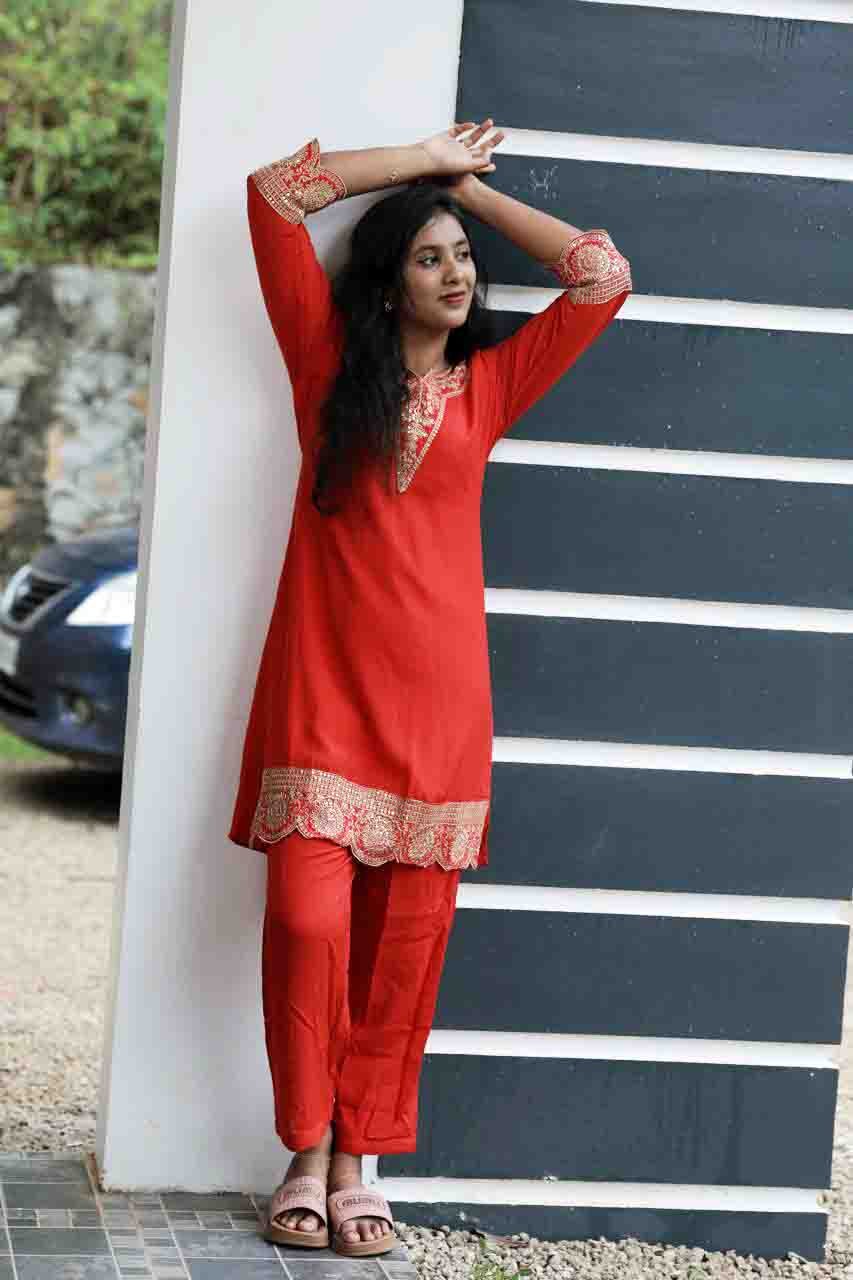 LA00085-Co-ord Set-Fabric-Linen-Color-Red-Work-Embroidery-Size(S-M-L-XL-XXL)