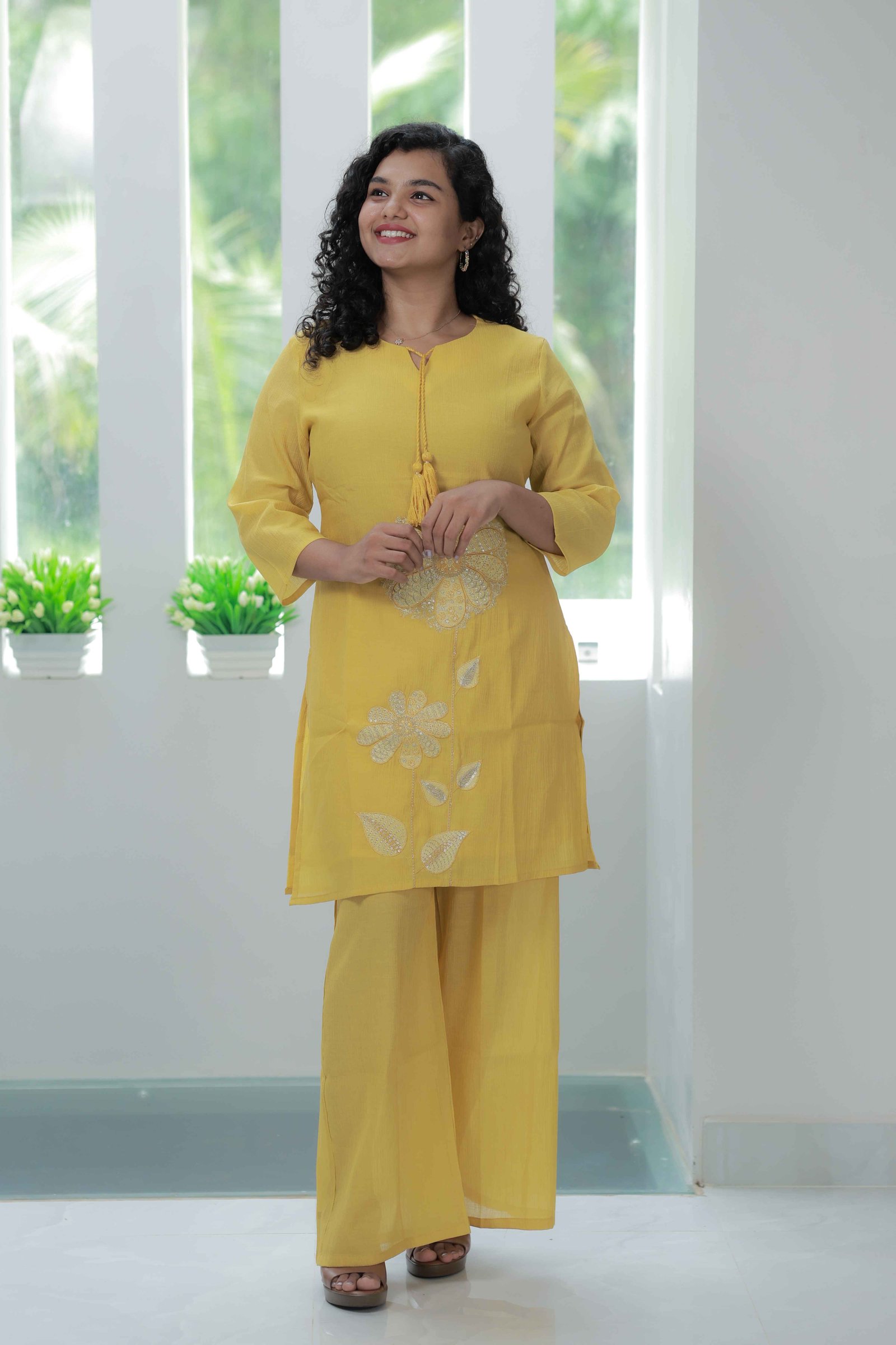 LA00103-Co-ord set Fabric - Chinon - Mustard Yellow - Embroidery (M, L, XL, XXL)