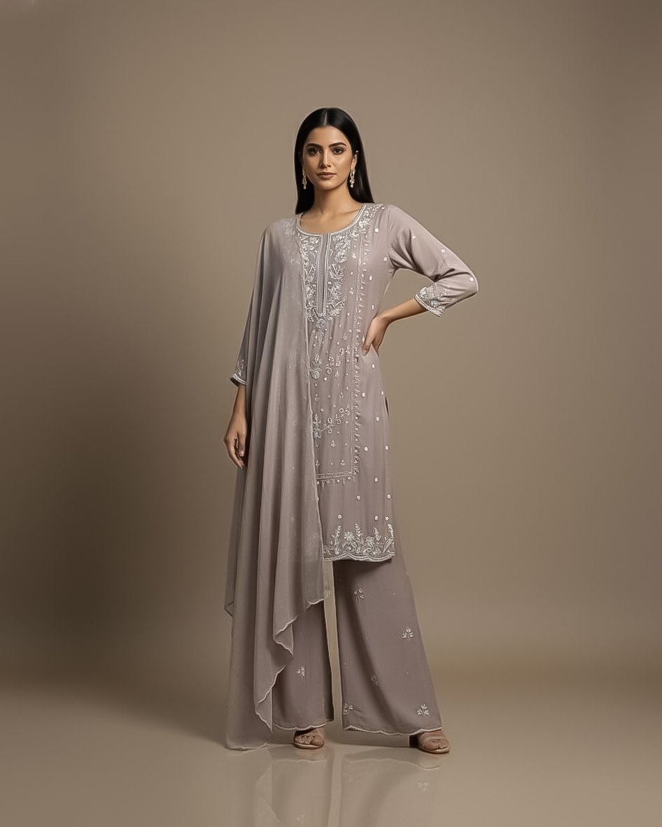 LA00182-Three piece set Partywear-Fabric-Chinone-Hand work-Color-Champagne-Size-(L XL XXL XXXL)